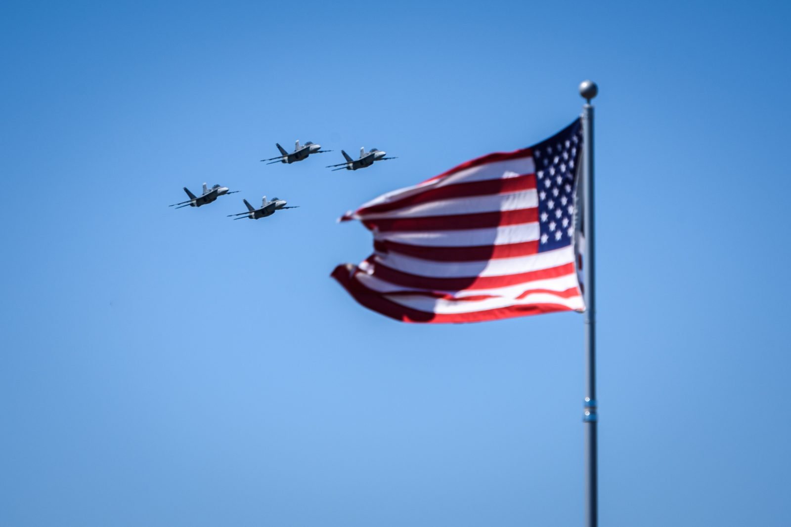 Fighter jet formation with American flag in frame